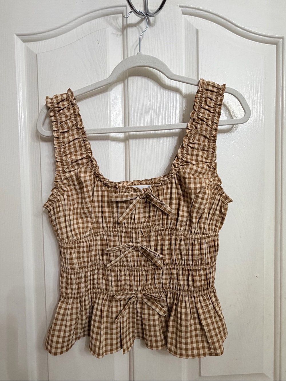 Elodie Tan Gingham Smocked Ruffle Top